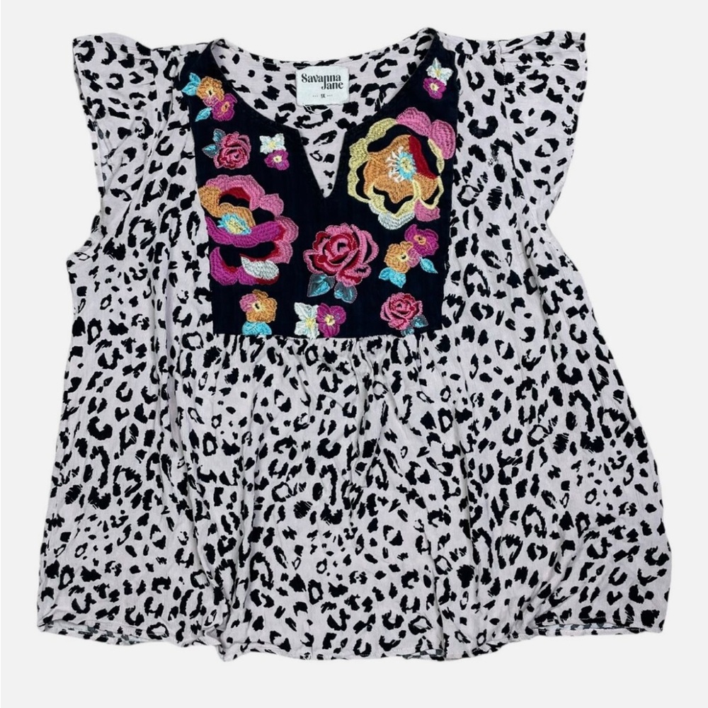 Savanna Jane Top Womens Plus 1X Embroidered Cheeta Print Flowy Artsy Boho Blouse
